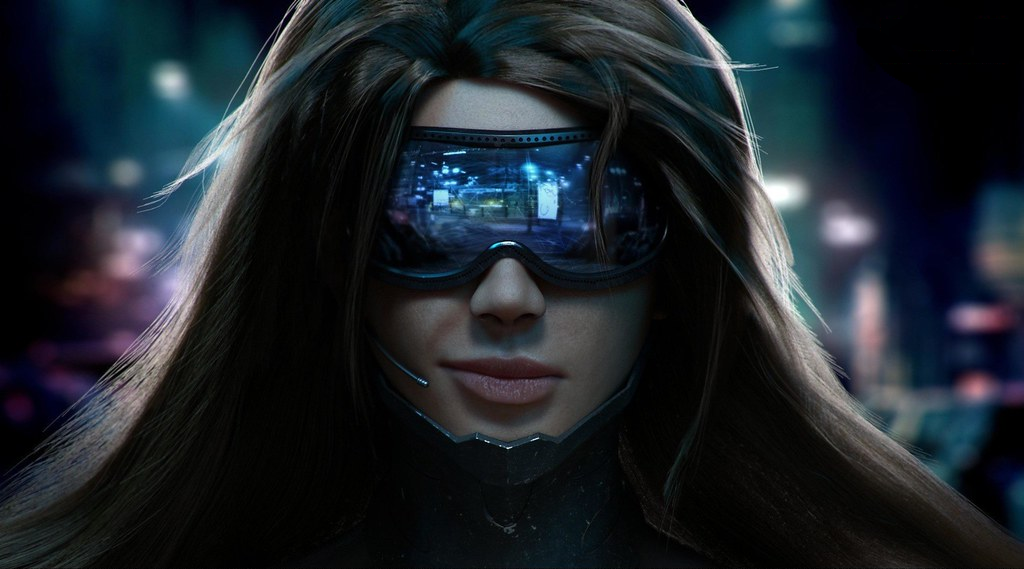 A woman wearing futuristic gear, including a set of mirrored goggles that reflect a city street