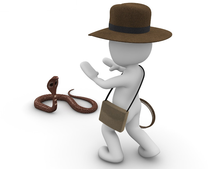 Stick-figure-like character with Indiana Jones hat backing away from a snake