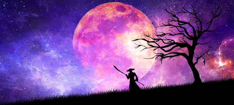 Silhouette of a samurai with a spear against a purple moon.