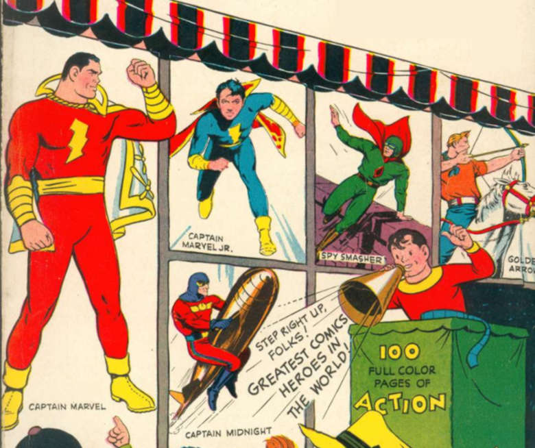 A backdrop of different superheroes as a kid shouts to "step right up" and see them